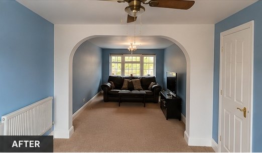 Blue through-lounge with archway and white woodwork, Leicester