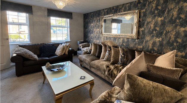 Living room with metallic feature wall, chandeliers and velvet sofas, Leicester