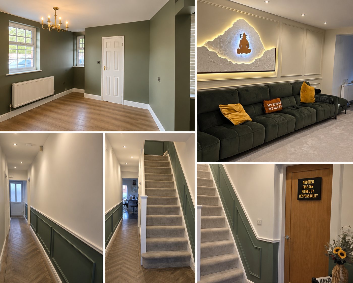 Panelled hallway and staircase decorated in sage green, Leicester