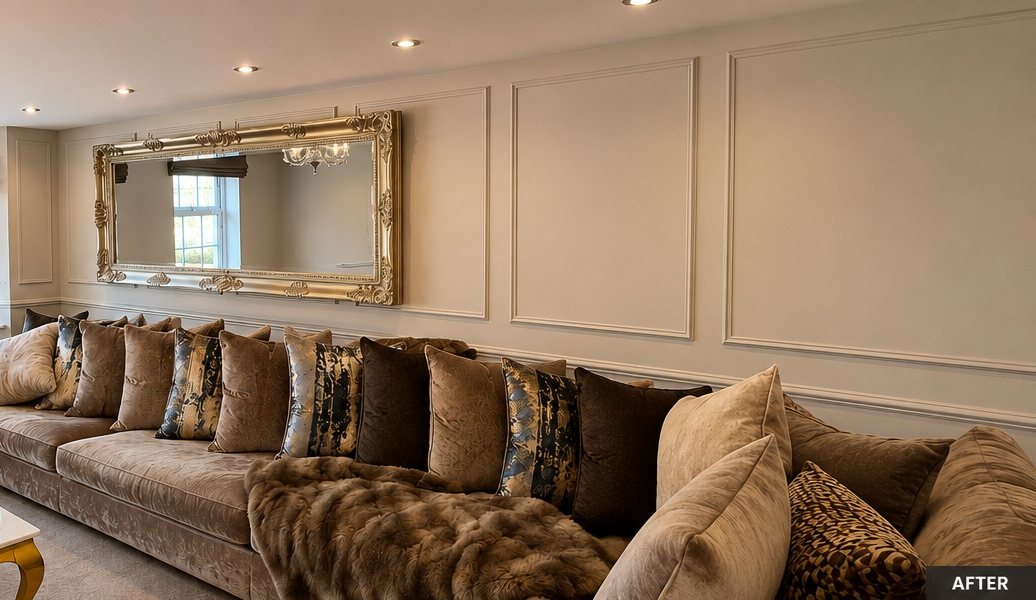 Wall panelling and mirror in a cream living room decorated in Leicester