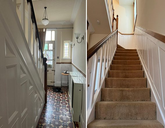 Period hallway and staircase before and after, Leicester