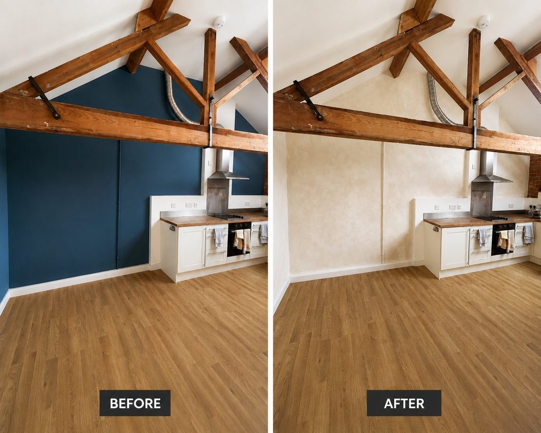 Limewash finish before and after, exposed beams, Leicester