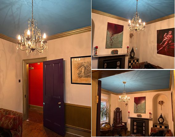 Period room restored with teal ceiling and feature colours