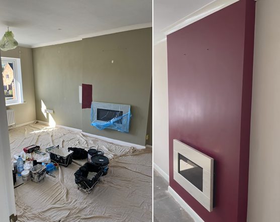 Lounge before and after, burgundy feature wall, Leicester