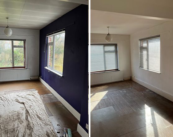 Living room before and after, navy feature wall, Leicester
