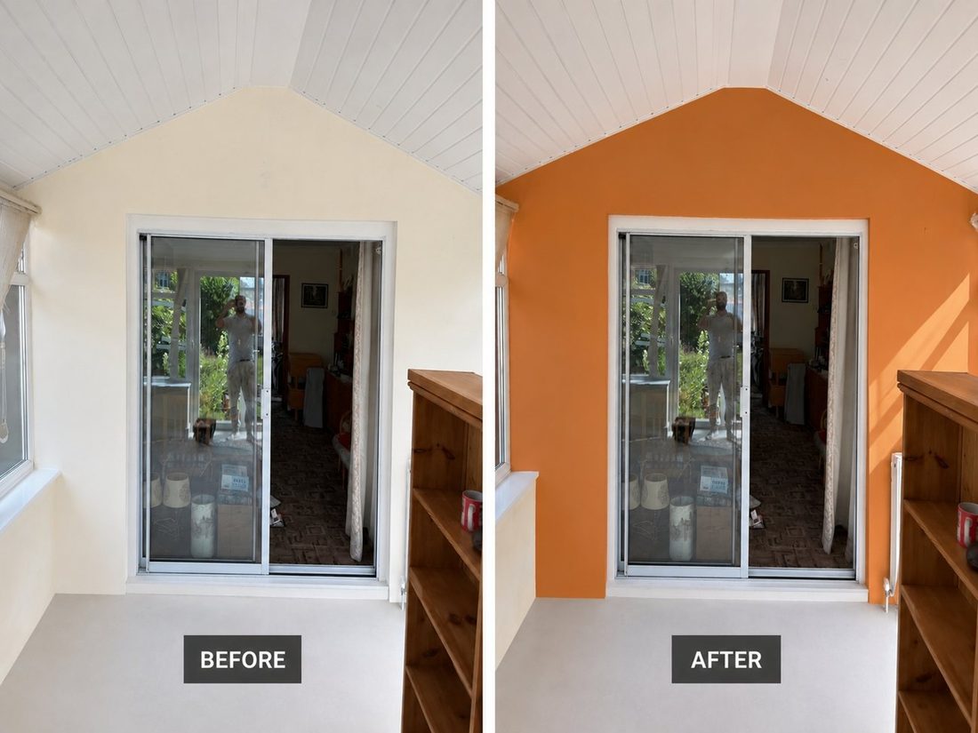 Conservatory before and after, bright orange feature wall, Leicester