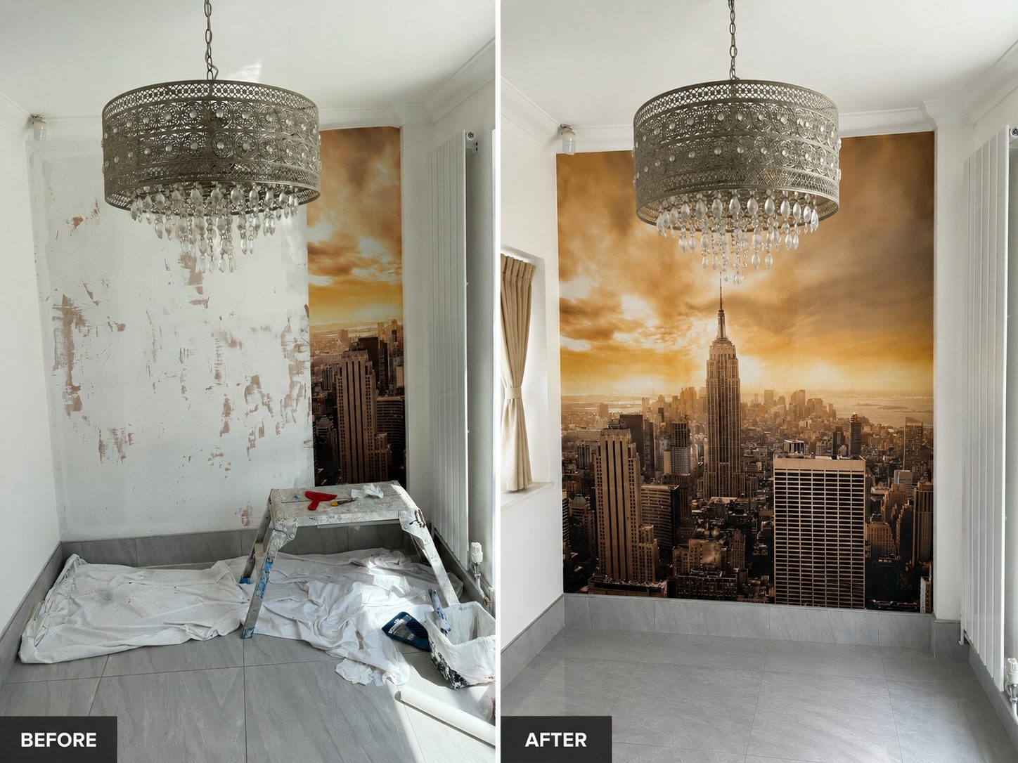 Before and after: a stripped, damaged wall prepared and finished with a New York skyline mural feature wall, Leicester