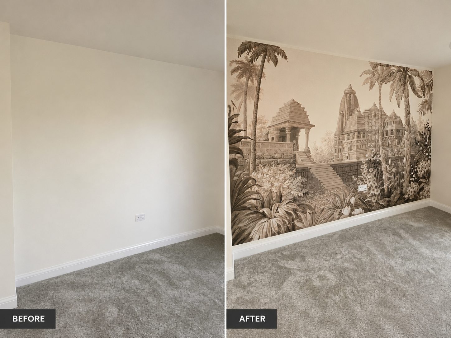 Before and after: a plain magnolia wall transformed with a sepia temple and palm mural feature wall, Leicester