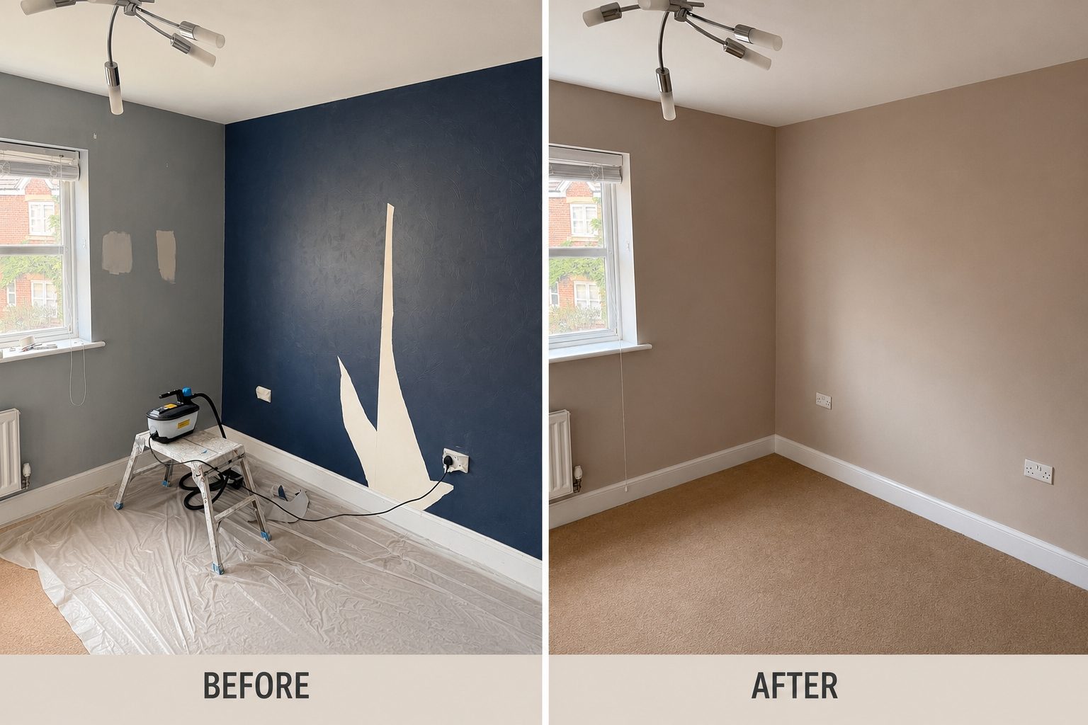 Before and after: a dark navy feature wall stripped back and redecorated in a warm neutral, Leicester